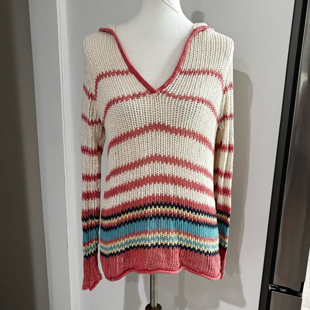 Striped V-Neck Sweater - Pink, White, Blue knit hooded coverup
